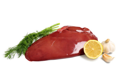 Raw liver with dill, garlic and cut lemon on white background