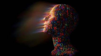 Human profile composed of vibrant, multicolored numbers against a dark background.