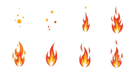 Eight stages of cartoon fire transitioning from embers to small flames and then larger varied flame shapes