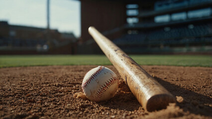 A close-up of a weathered baseball resting on the dirt path of a stadium field, with the green grass and empty stands blurred in the background