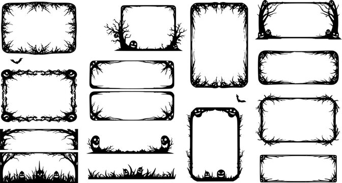Set of scary frame border silhouette isolated on white backgrounf for Halloween day. Collection of halloween frame decoration vector illustration