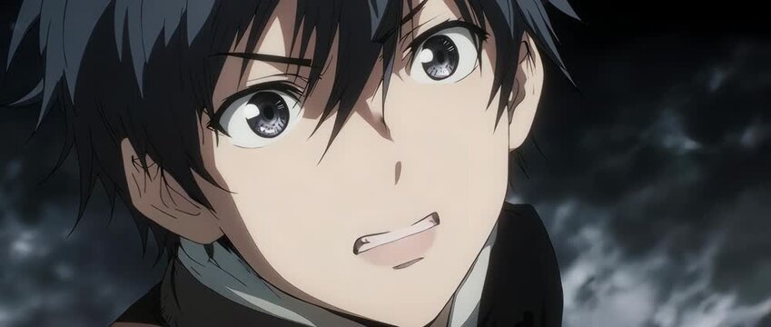 A suspenseful close-up of a nervous anime boy. A bead of sweat, wide eyes, and a bitten lip perfectly capture a moment of high anxiety and tension. High-contrast lighting adds to the drama.