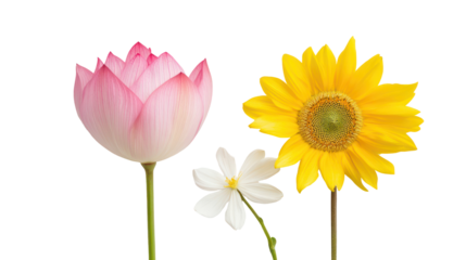 Three delicate flowers pink tulip yellow sunflower and white daisy isolated on transparent background
