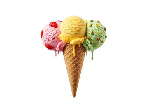 A set of three ice cream varieties in a waffle cone, isolated on a white surface. Fruit berry ice cream in a cone. Featuring strawberry, citrus, and pistachio flavors. - Powered by Adobe