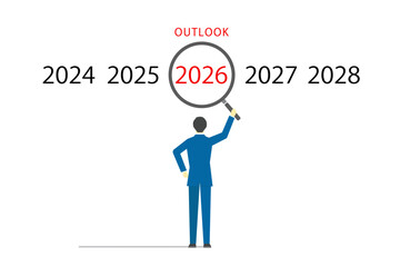 虫眼鏡を使って2026年の展望をチェックするビジネスマンのイラスト