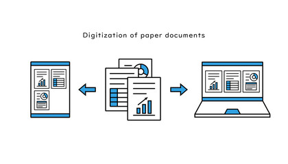 紙の資料をパソコンとタブレットにデータ化するイメージイラスト