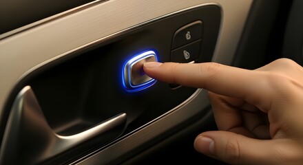 A finger is pressing a glowing blue button, likely a car door lock or engine start button, which is integrated into the door panel next to a metallic door handle and other small control buttons.