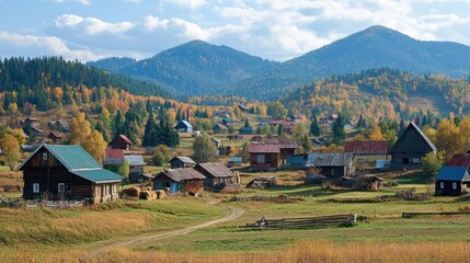 Rustic village nestled in valley during autumn, featuring wooden houses and colorful foliage