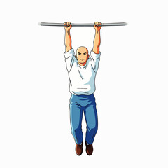 An illustration depicts a man hanging from a horizontal bar, engaging in a fitness activity, promoting exercise and physical well-being.