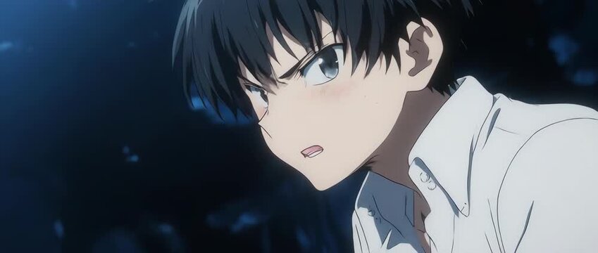 A suspenseful close-up of a nervous anime boy. A bead of sweat, wide eyes, and a bitten lip perfectly capture a moment of high anxiety and tension. High-contrast lighting adds to the drama.