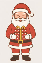 Image of Santa Claus holding a gift, wearing a red and white suit, with a plain white and gray background, portrait size, Christmas theme. 
