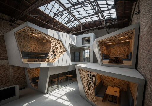 90's deconstructivism architectural design Co-working Space with Concrete Insertions in an Old Industrial Building