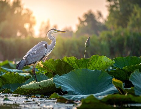 Grey heron in a lotus pond at sunrise