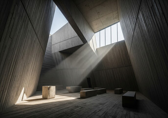 Obraz premium 90's deconstructivism architectural design Monastery Sanctuary with Leaning Concrete Walls and a Single Square Window