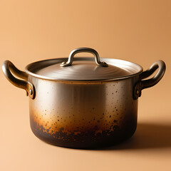 An old-fashioned cooking pot with handles, simple warm-toned background.