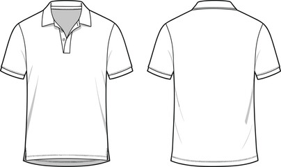 Classic polo shirt front and back technical sketch, short sleeve apparel fashion design, clothing template for menswear design, cad drawing flat vector illustration