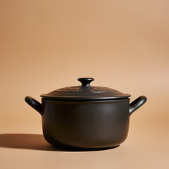 An old-fashioned cooking pot with handles, simple warm-toned background.