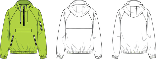 Unisex pullover windbreaker jacket technical flat sketch front and back view, half zip hooded outerwear CAD drawing flat vector illustration © Asif's Creatives