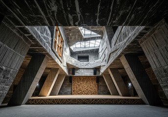 90's deconstructivism architectural design Salt Mine Concert Venue with Raw Crystalline Walls and Concrete Buttresses