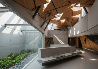 90's deconstructivism architectural design Veterinary Clinic with a Fragmented Wood Ceiling and an Integrated Concrete Bench