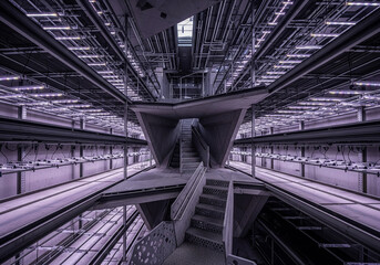 90's deconstructivism architectural design Vertical Farm with Steel Hydroponic Racks and Purple Grow Lights