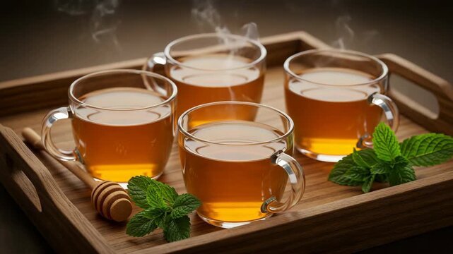 Four Cups of Steaming Herbal Tea on Wooden Tray