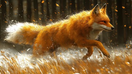 A vibrant fox with burnt orange fur, running through tall grass with a forest backdrop