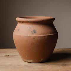 A rustic clay pot on a plain wooden surface, natural tones.