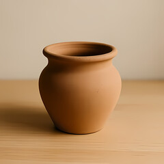 A rustic clay pot on a plain wooden surface, natural tones.