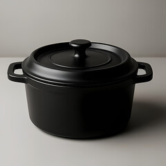 A black cast iron pot with lid, minimal gray background.