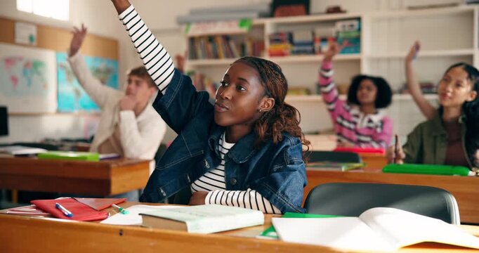 Girl, student and raised hand in class for question, participation and problem solving. Learner, asking and teacher attention for quiz answer, learning solution and feedback for high school education