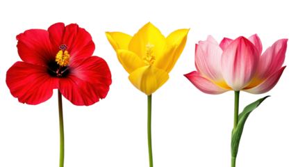 Three different flowers red poppy yellow tulip pink lotus isolated on transparent background