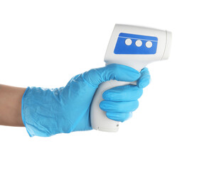 Hand of doctor in rubber glove with infrared thermometer on white background