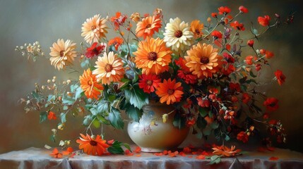 An opulent still life featuring a vase overflowing with vibrant orange and yellow flowers