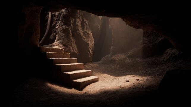 ascent. Stone staircase bathed in sunlight, creating a dramatic contrast with atmospheric haze and a low-angle view. real-estate listings.
