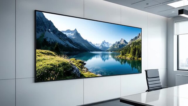 Conference Room With Large Screen Displaying Mountain Lake Landscape Near Table With Chairs And White Walls In A Modern Office