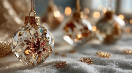 Elegant Christmas Ornament Sparkling on Snowy Surface with Bokeh Lights and Decorations