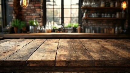 Rustic wooden table in a cozy interior with brick wall, bottles, window, light bulb, and shelves