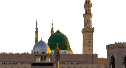 Stunning view of a mosque with green dome and minarets at sunset lighting isolated on transparent background
