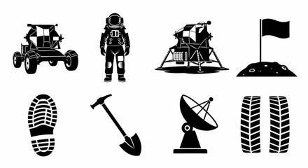 Black and white vector icons depicting elements related to a lunar mission, including a rover, astronaut, lander, flag, footprint, shovel, antenna, and tire tracks.