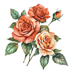 Watercolor wild flower clipart, red and orange roses with green leaves, on a white background