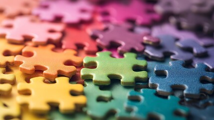 Colorful interlocking pieces of a jigsaw puzzle lie scattered.