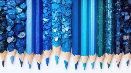 Array of pencils with matching color bits, creating a gradient of blue hues on a white base