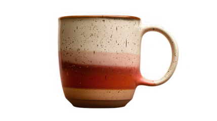 Close up shot of a ceramic mug with a handle and a tri color design on a black background