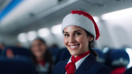 Hispanic woman flight attendant or cabin crew member wearing a santa hat and red scarf inside a commercial airplane.