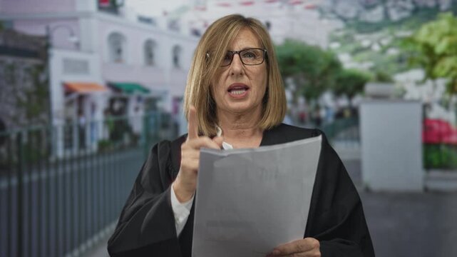 Judge wearing black robe holding court document points finger to paper on busy street; authority justice.