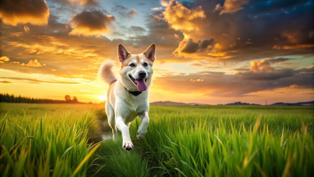 A happy Asian dog running freely in a lush green grass field under a dramatic sky with clouds and sunset hues , animal