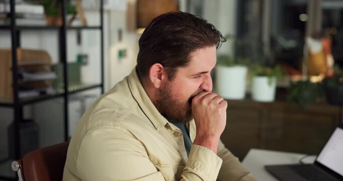 Business, night and man with pc, tired and proofreading with copywriting agency, low energy and pressure. Evening, person or journalist in office, burnout or online reading with fatigue or overworked