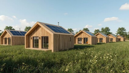 Obraz premium Modern Wooden Cabins with Solar Panels in a Lush Green Field Under Blue Sky