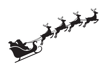 Santa Claus Riding Sleigh Pulled by Reindeer Vector Silhouette Illustration